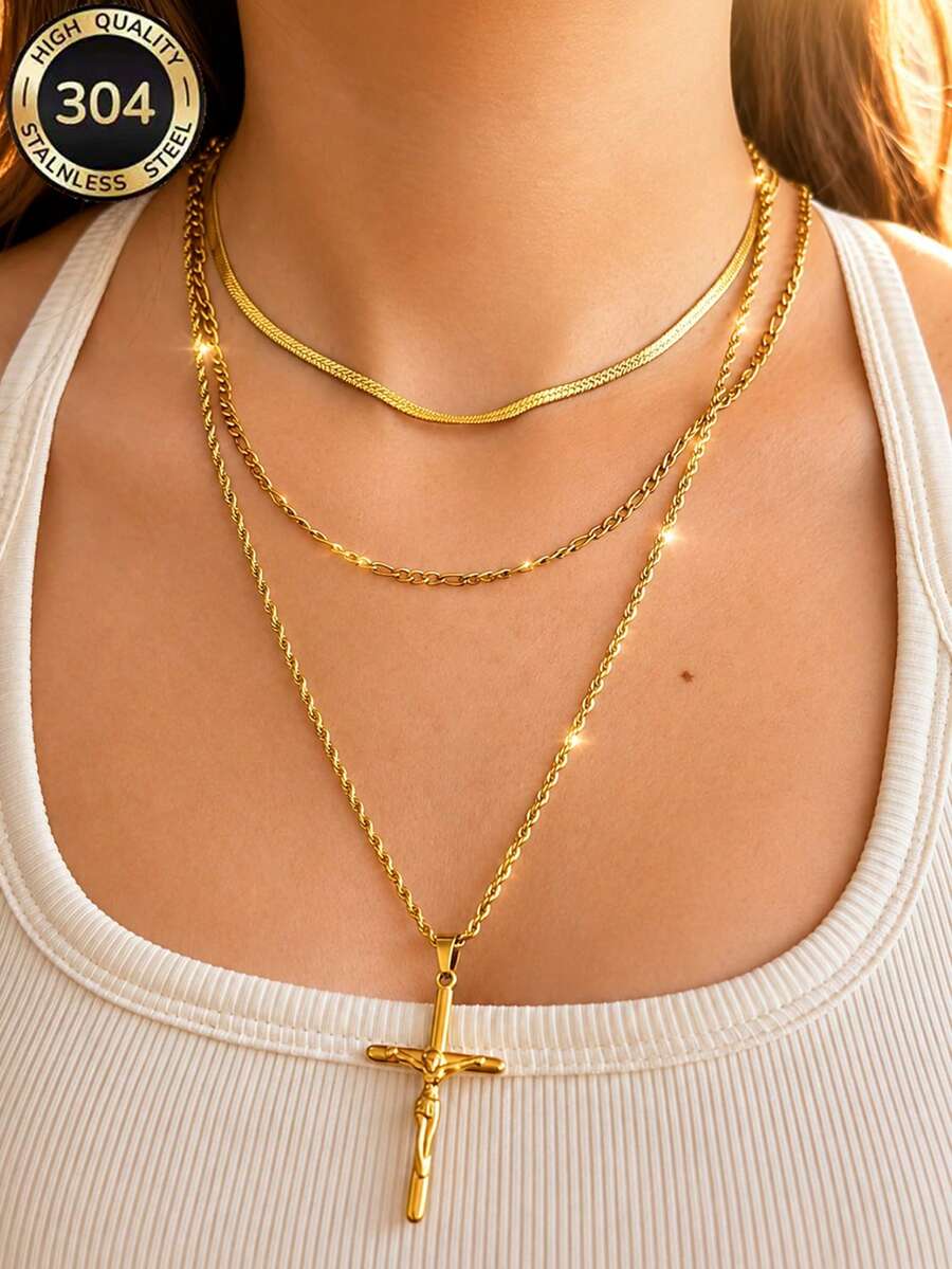 18K Gold Plated Women's European & American Style Vintage Cross Necklace 3pcs Set, Stainless Steel Durable, Daily Layering Gift Accessory - Gold - View 1