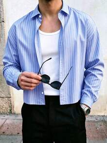 Men's Single-Breasted Casual/Commute Striped Short Sleeve Shirt - Blue - View 3