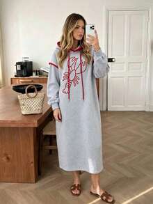 Gaun Sweatshirt Berkerudung Bordir Lobster Abu-abu untuk Wanita, Gaun Sweatshirt Panjang Longgar dengan Belahan Samping dan Trim Bergelombang Merah - Grey - View 2