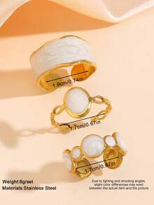 3pcs 18k Gold Plated Stainless Steel Geometric White Oil Drop Open Ring, Minimalist Fashion. Suitable For Women's Daily Wear. - White - View 3