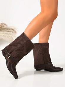 DENGWEISI Brown Patchwork Slip-On Mid-Calf Boots With Wedge Heel, Mid Heel, Square Toe, Strap Buckle, European And American Fashion Western Style, Casual Versatile For Vacation, Office, Commute, Daily Wear, Spring And Autumn - Coffee Brown - View 7