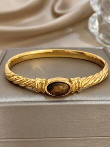 1Pc Retro Twisted Rope Oval Tiger Eye Stone Stainless Steel Bangle Bracelet,Gold Jewelry For Women,Daily,Party,Boho,Y2K,Christmas Gift,Halloween/Fall - Multicolor - View 5