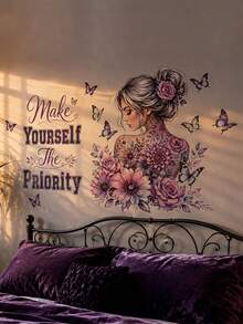 1pc Bohemian Floral Butterfly Wall Sticker, Self-Care Positive Quote Wall Decal With Elegant Woman Portrait, Self-Adhesive Art Mural For Bedroom Living Room Wall Decor, Bohemian Woman With Purple Flowers Butterfly Wall Sticker, Removable Self-Adhesive Inspirational Quote Wall Mural For Bedroom Living Room Home Art Decor - D - View 5