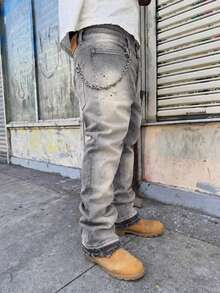 Men's Casual Modern Light Wash Straight Leg Jeans, With Zipper Detail, Long Solid Color Design, Suffer Nephew All Denim - Grey - View 5