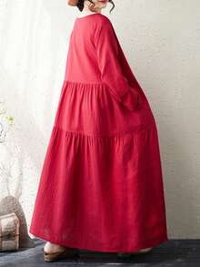 Halloween Party Elegant Red Long Sleeve Round Neck A-Line Plus Size Dress (With Pockets), Spring/Autumn Casual Wear Choice - Red - View 6