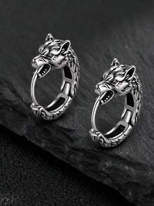 1pc Vintage Animal Style Stainless Steel Wolf Hoop Earring For Men, Punk Daily Ear Jewelry - Gun Black - View 2