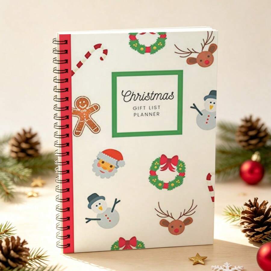 1Pc A5 Christmas Gift List Planner Spiral Notebook, Notepad, Multi Xmas Symbols Print, Adult Holiday Organizer - A5 - View 1