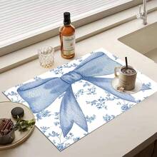 1pc Christmas Series Light Blue Bow & Floral Pattern Coffee Bar Mat, Diatomaceous Earth Soft Bottom Drainage Mat, Soft Rubber Absorbent Wear-Resistant Dish Drying Mat, Countertop Table Mat For Kitchen, Restaurant, Patio, Home Kitchen Decor - Multicolor - View 8