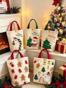 2pcs Christmas Printed Tote Handbag Bag, Santa Claus & Christmas Tree & Gingerbread Man Print Handbag, Reusable Snap Button Shopping Bag, Holiday Gift Bag, Women Daily Shoulder Handbag - Multicolor - View 3