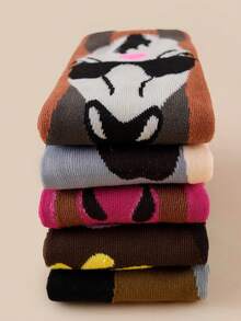 5 Pairs Unisex Multi-Color Assorted Cute Horse Portrait Jacquard Mid-Calf Socks, Soft, Breathable, Creative & Fun Socks - Multicolor - View 4