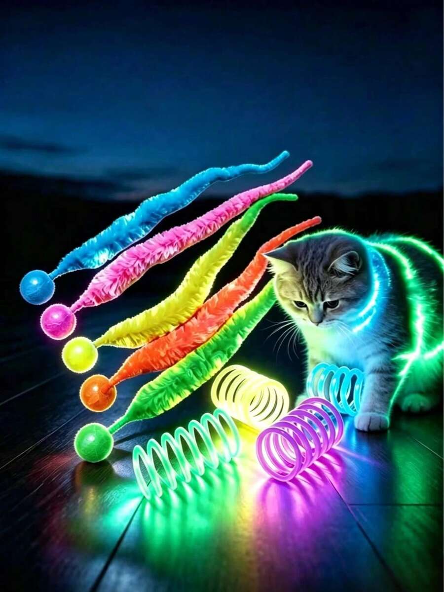 4pcs Colorful Random Glowing Cat Toy Set, Plush Worm Ball + Spring Interactive Toys, Suitable For Indoor Kittens To Play Alone And Relieve Boredom - View 1