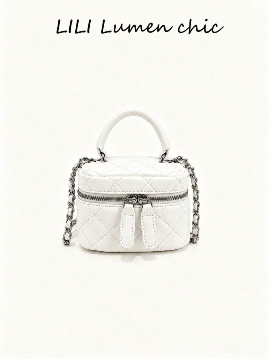 Handbag, Luxury Elegant Mini Box Bag With Diamond Quilted Design, Short Handle With Detachable Leather Chain Strap, Sweet Lady Style For Dating And Party, Small Square Tote Bag For Women - White - View 1