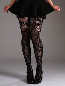 1pc Plus Size Women's Jacquard Fishnet Tights, Sunflower Hollow Out Leggings, Sexy Fashion, Suitable For Party, Home And Office Multiple Occasions - Black - View 2