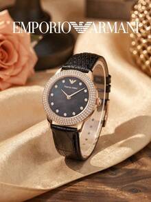 Armani Women's Analog Quartz Watch AR11433, Rose Gold Case, Sparkling Crystal Bezel, Black Mother Of Pearl Dial, Black Strap, Classic Party Style Women's Watch, Suitable For Daily Wear - Black - View 2