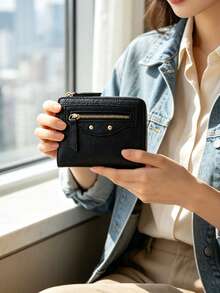 Women's Short Bifold Wallet, Classic Black Faux Leather Card Holder, Multi‑Slots Small Purse With Zipper Pocket, Rivet Decor Compact Coin Purse. - Black - View 5