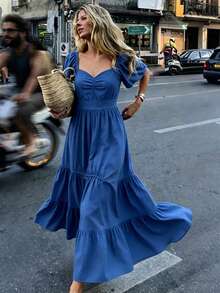 2026 Summer New Elegant Solid Color Bohemian Style Square Neck Short Sleeve Dress, Suitable For Music Festival, Commuting, Party - Navy Blue - View 2