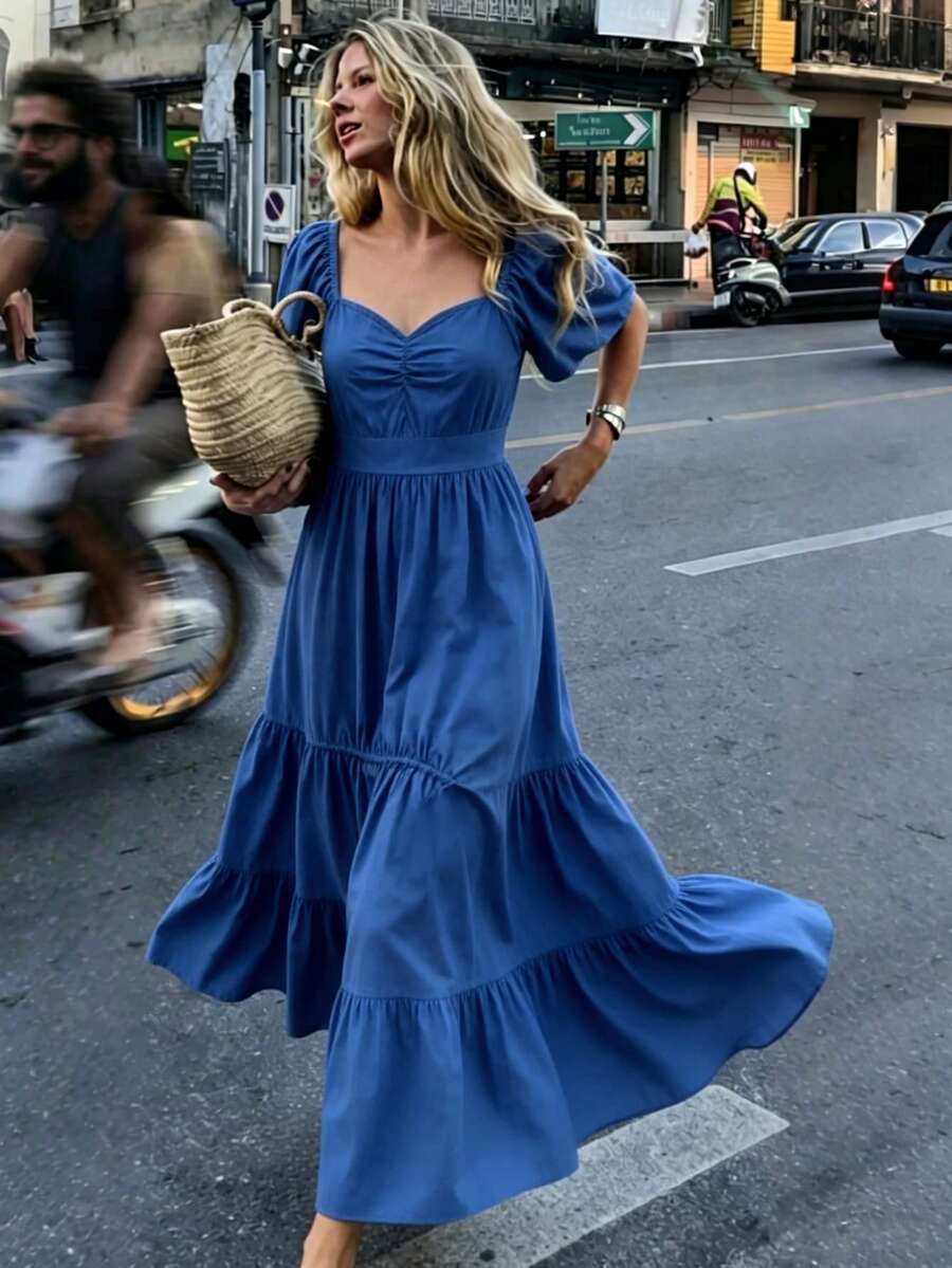 2026 Summer New Elegant Solid Color Bohemian Style Square Neck Short Sleeve Dress, Suitable For Music Festival, Commuting, Party