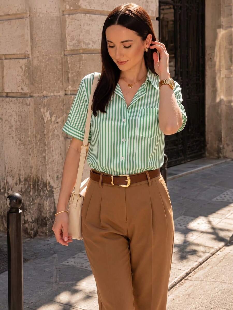 Women's Classic Striped Short Sleeve Shirt, Collared Front Button Pocket Top, Casual Business For Office, Work, Daily, Perfect For Spring Summer - Green Short-sleeved Shirt - View 1