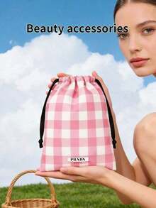 Prada Pink Plaid Drawstring Bag; Minimalist High-End Cosmetic Bag; Professional Counter Portable Storage Handbag; Handbag - Pink - View 1