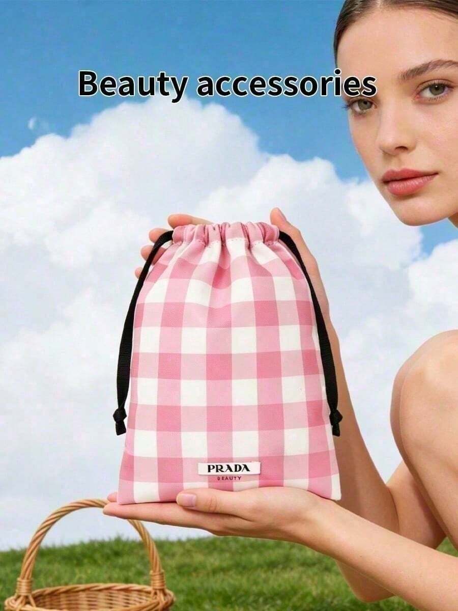Prada Pink Plaid Drawstring Bag; Minimalist High-End Cosmetic Bag; Professional Counter Portable Storage Handbag; Handbag - Pink - View 1