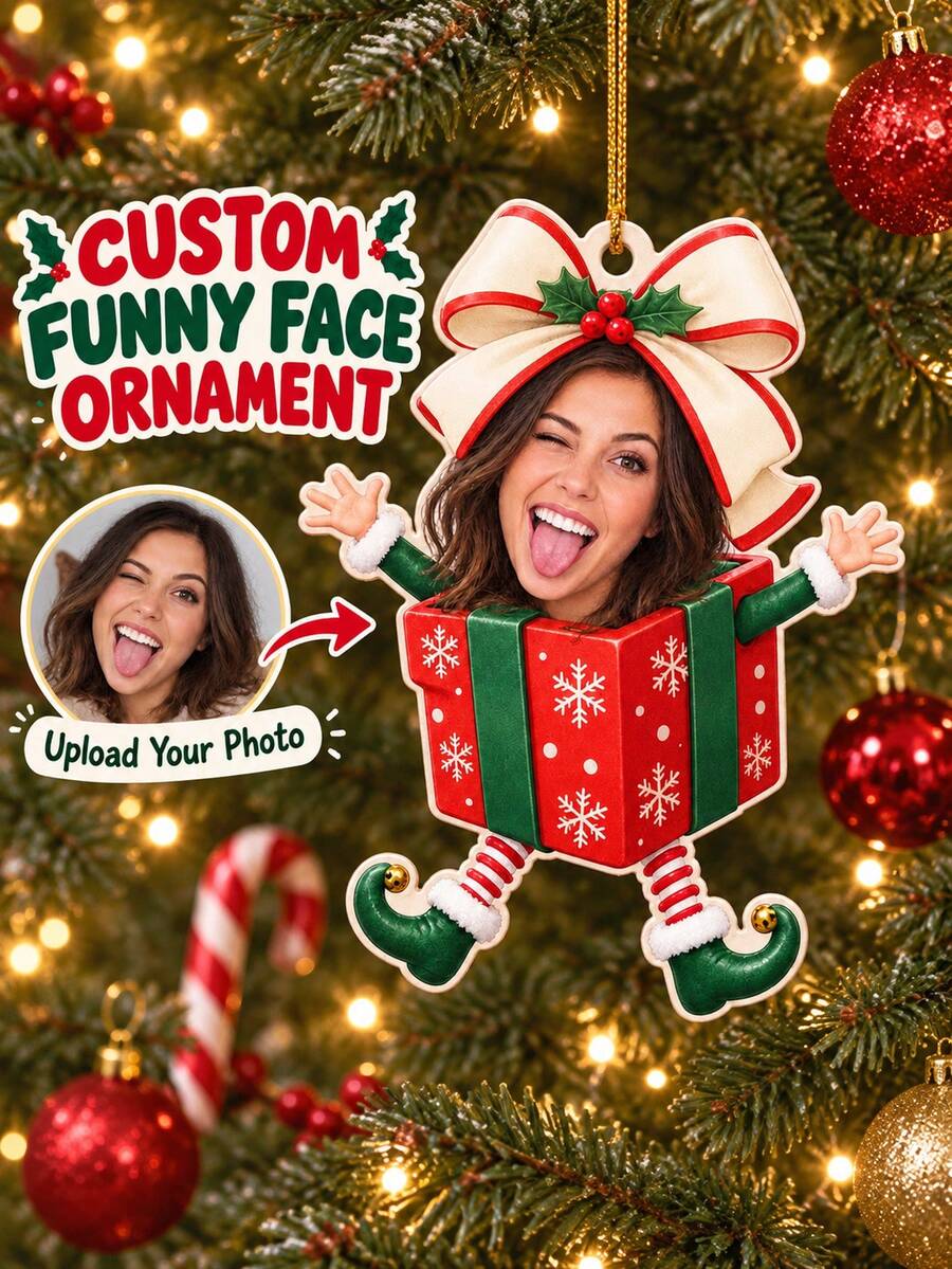 1 buah Ornamen Kotak Hadiah Natal Foto Kustom, Dekorasi Gantung Wajah yang Dipersonalisasi untuk Pohon Natal, Perapian, Teras, dan Pesta Liburan - MultiWarna - View 1