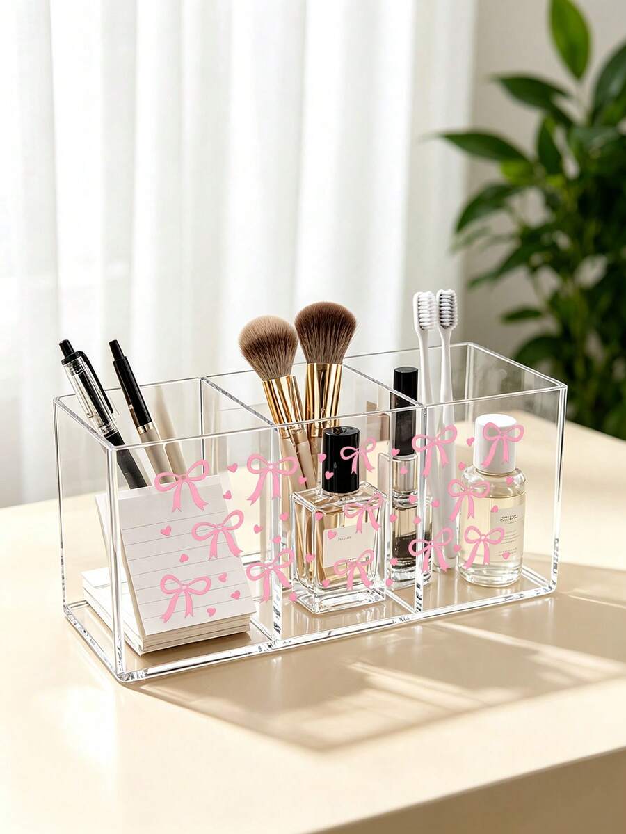 Organizer Meja & Rias Akrilik Plastik Pita Merah Muda dengan Kotak Penyimpanan 3 Kompartemen - Tempat Kuas Makeup Lucu, Rak Hemat Ruang Ringkas Cocok untuk Kamar Mandi, Kantor, Meja Rias - Mudah Dirakit, Organizer Parfum - MultiWarna - View 1