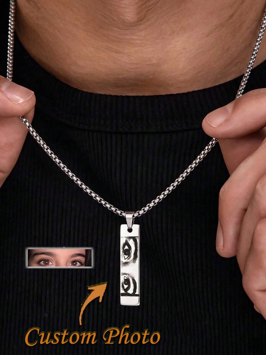 Men's Customized Girlfriend Eye Photo Long Bar Pendant, Laser Engraved Eye Photo Square Plate Necklace, Stainless Steel Corn Chain Eye Pendant - Multicolor - View 1