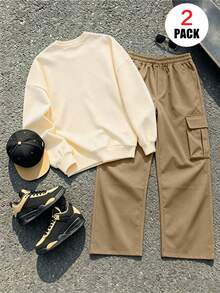 2pcs/Set Boys Outfit, Crew Neck Letter Print Sweatshirt Paired With Casual Cargo Pants, Cool & Comfortable Autumn/Winter New Boys Set - Apricot - View 3