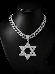 European And American Hip Hop Full Rhinestone David Star Cuban Necklace, Gold And Silver Dual-Color Hollow Pendant, Vintage Religious Totem Men's Streetwear Accessory, Boyfriend Gift - Hexagram - View 21
