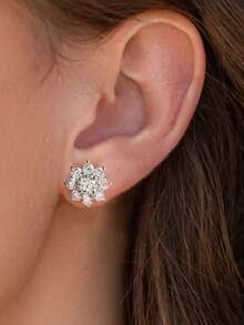 1pc Moissanite Stud Earrings, Romantic Style, 0.5CT Full Pave Flower Design, Suitable For Women's Party Wear - Silver - View 3