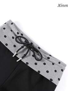 Pantalon décontracté pour femme style coréen à taille élastique et cordon de serrage, pantalon large à pois avec revers, pantalon long doux pour la peau, tenue élégante pour les voyages, les loisirs et les vacances, automne - Noir - Voir 2