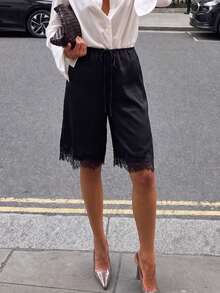 NOIRLYN Women's Winter Elegant Casual Satin Lace Trim Shorts, High Waist Flowy Loose Wide Leg Straight Drawstring Y2K Mid-Length Separates - Black - View 9