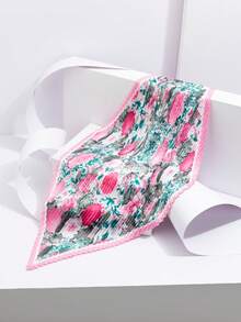 1pc New Watercolor Style Large Floral Pleated Silk Scarf, Satin Pointed Triangular Bandana, Spring/Summer Outfit Accessory, Bag Decoration Small Scarf - Multicolor - View 2