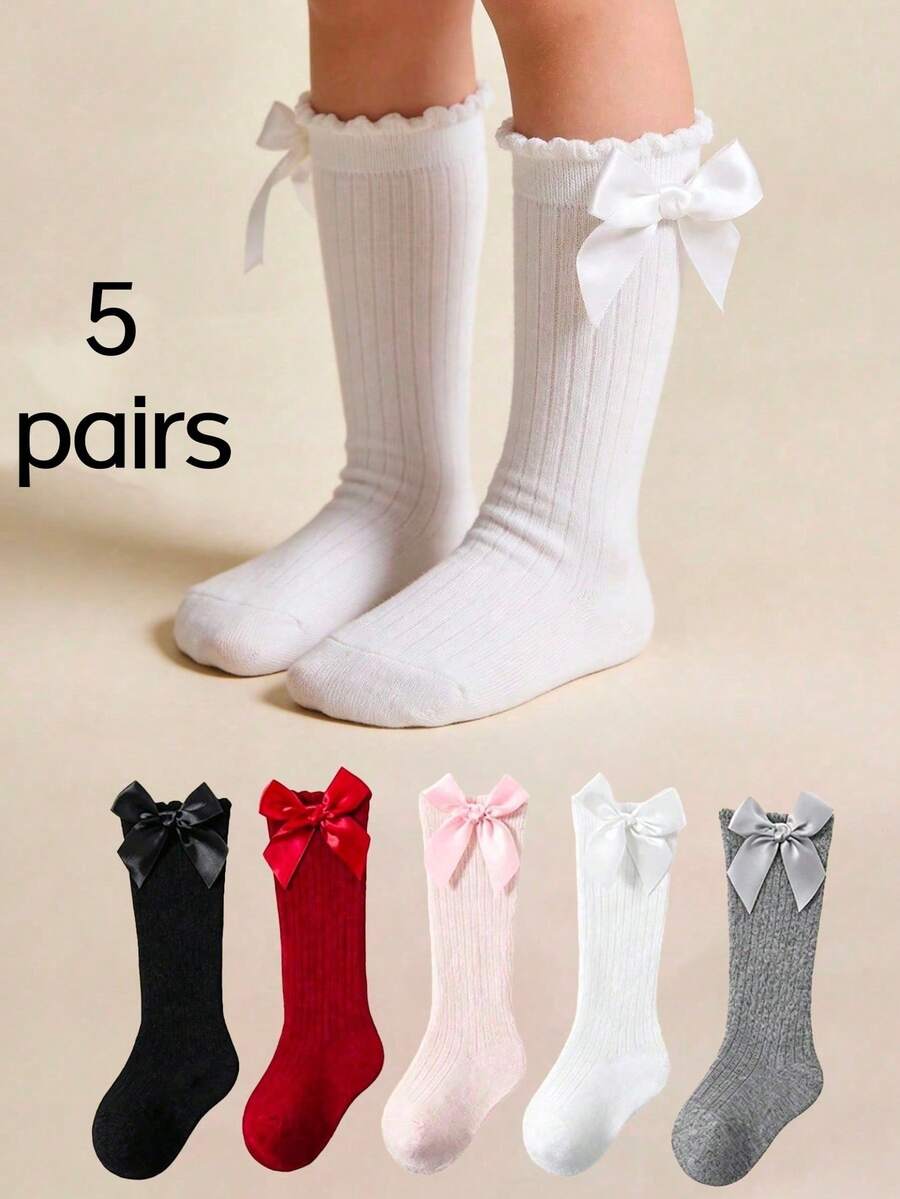 5 Pairs Girls Toddler Bowknot Solid Color High Tube Socks School Style - Multicolor - View 1