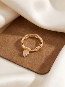 1Pc Gold Color Copper Inlaid CZ Ring, Chain Link Band With Paved Heart Charm Ring For Women Daily Dating Party Jewelry Gift - Multicolor - View 5