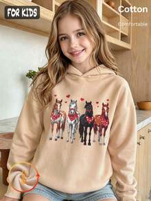Autumn Winter Girls Fleece Hoodie With Four Horses Print Red Hearts Y2K - Apricot - View 1