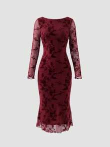 Robes florales VINOVA pour femmes, robe midi élégante à manches longues et dos nu, tenues de festival d'automne et d'hiver, robe du Nouvel An, robe de Noël, Halloween - Rouge foncé - Voir 7