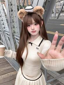 Elegant Contrast Color Bow White Knit Top Slimming Fitted Skirt 2 Pieces Set Autumn/Winter Clothing Halloween Holiday Outfit - White - View 3