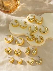 2-18pcs Fashionable Retro New Gold-Plated Women's Earring Set, Including Smooth Polygon Teardrop, Multi-Element C-Shape, Lightweight CCB Material, Suitable For Daily Wear And Festivals - Gold - View 6
