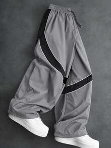 Men's Striped Baggy Sweatpants, Loose Fit Wide Leg Track Pants, Drawstring Waist, Adjustable Cuffs, Hip Hop Casual Streetwear - Grey - View 1