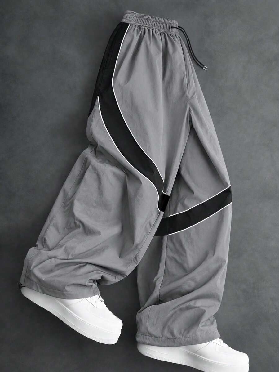 Men's Striped Baggy Sweatpants, Loose Fit Wide Leg Track Pants, Drawstring Waist, Adjustable Cuffs, Hip Hop Casual Streetwear - Grey - View 1