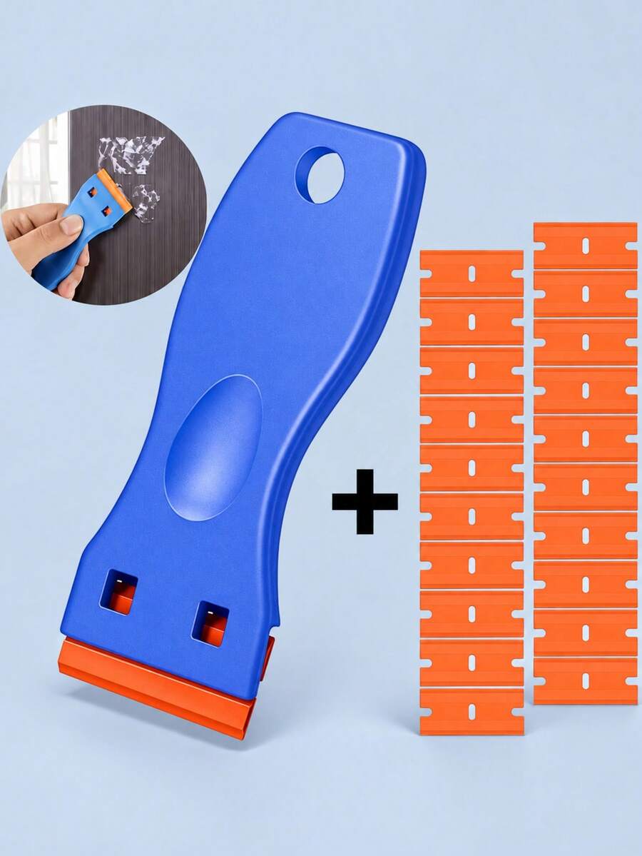 1 Set Multi-Purpose Plastic Utility Blade Scraper With Replaceable Blades, Blue Long Handle Sticker And Adhesive Remover Tool For Glass, Car Windows And Decals, Home Cleaning Supplies And Practical Tools For Men, Herramientas Para El Hogar