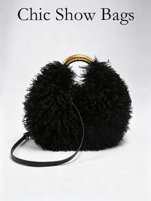 Women's Top Handle Handbag,Solid Color,Curly Faux Fur, Golden Metal Ring & Detachable Strap,Crossbody & Handheld,Luxury Fluffy Style,Party Daily Use - Black - View 2