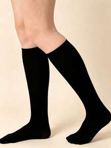 1/2/3 Pairs Women's Solid Color Calf Socks, Classic Plain Ribbed Cuff Knee-High Socks, Soft Comfortable Preppy Style Long Socks, Suitable For Uniform And Daily Wear - Multicolor - View 2
