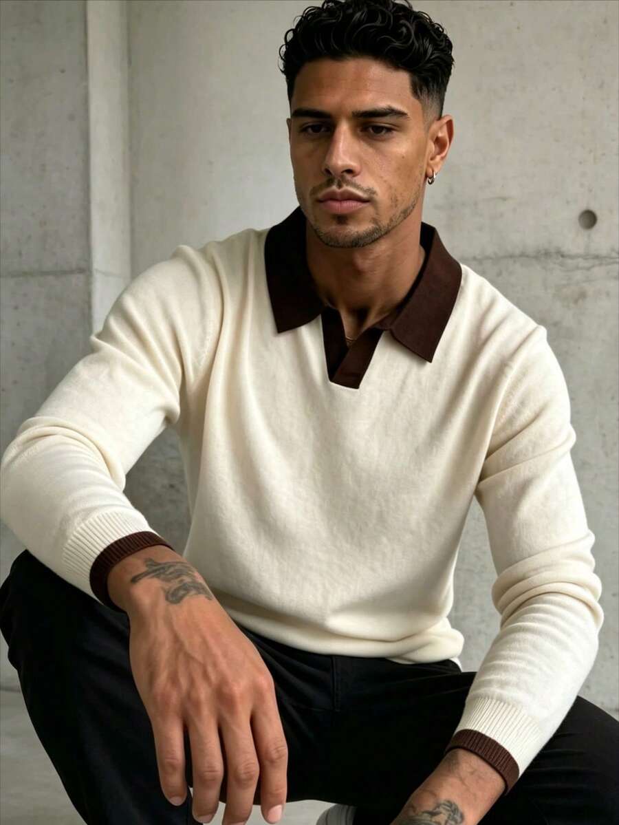 ZYNTH BALENO Men's Fashion Autumn/Winter Striped Airplane Collar Long Sleeve Sweater, Suitable For Gym Sports - Apricot - View 1