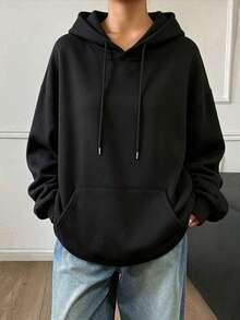 Women's White Loose Comfortable Hooded Sweatshirt, Warm Lining Drawstring Pullover, With Pockets, Suitable For Autumn/Winter Wear - Black - View 5