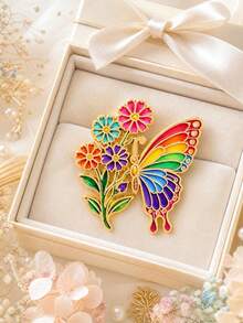 Rainbow Butterfly Flower Brooch, Colorful Floral Insect Decoration, Versatile Accessory For Suit, Coat, Bag, Holiday Gift Decorative Badge - Multicolor - View 4