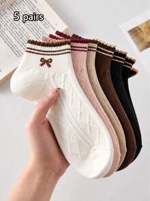 1/5 Pairs Women's Sweet Bow Short Socks, Soft And Breathable, Personalized, Preppy Style, Suitable For Home, Commute, Holiday Gifts - Multicolor - View 6