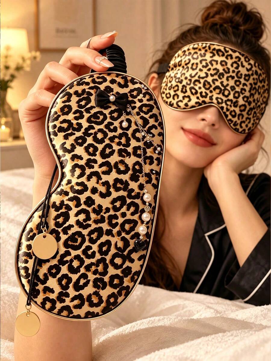 Leopard Print Faux Silk Sleep Mask With Elastic Band, Full Blackout Design, Soft Breathable Adjustable, Suitable For Home Napping, Travel And Office Rest, Unisex - Multicolor - View 1