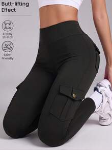 Pilates Ins Damen Cargo-Yogahose mit hoher Taille und mehreren Taschen, formende enge Leggings, hohe Elastizität, Po-Lift, Taillenformer, Peach-Po, 9/10 Länge, Schwarz, Outdoor-Fitness, Laufen, tägliche Basisschicht Leggings - Schwarz - Übersicht 5